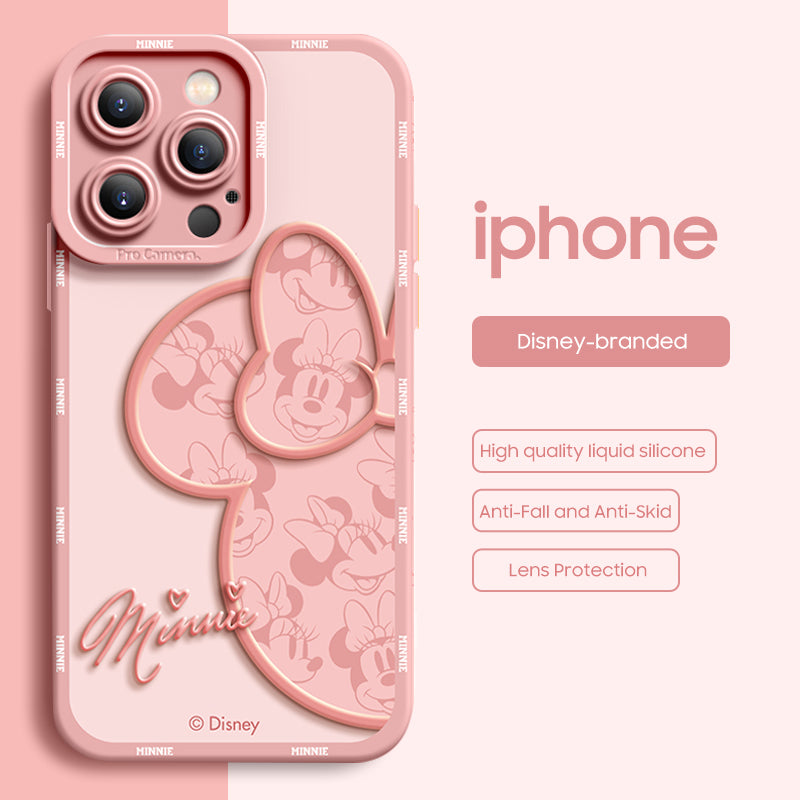Pink phone case with Minnie Mouse design on a white background