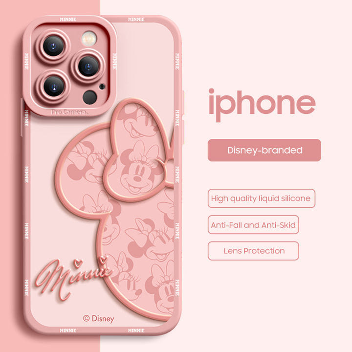 Pink phone case with Minnie Mouse design on a white background