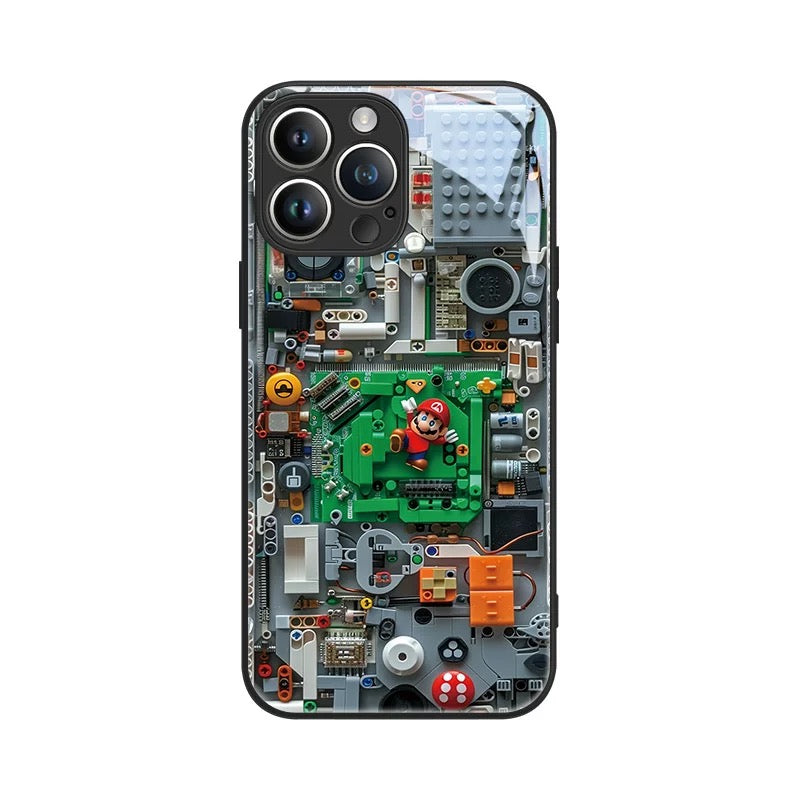 Phone case with a detailed mechanical design and character figure on a white background