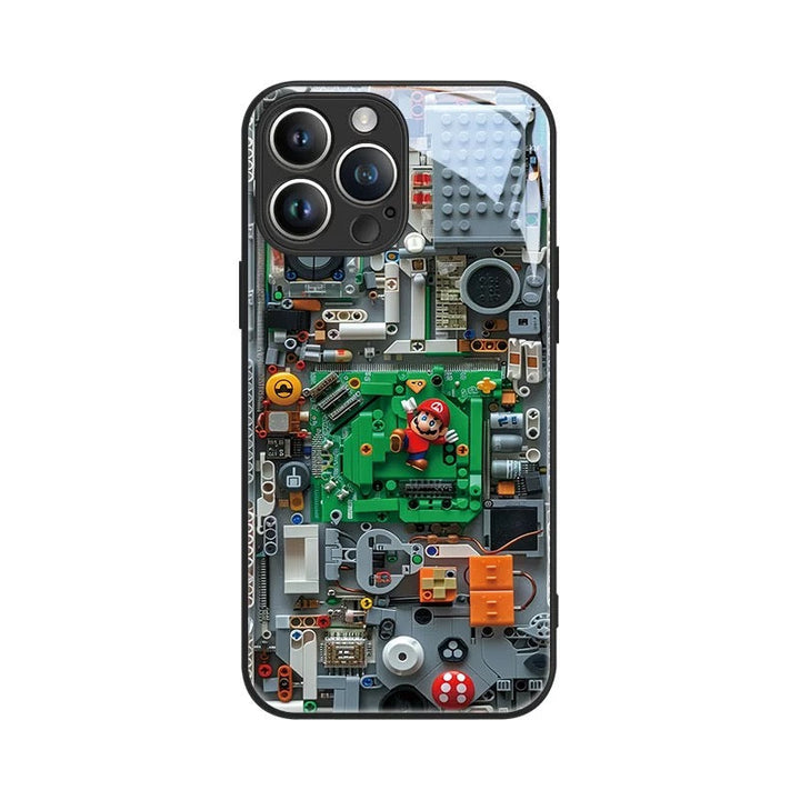 Phone case with a detailed mechanical design and character figure on a white background