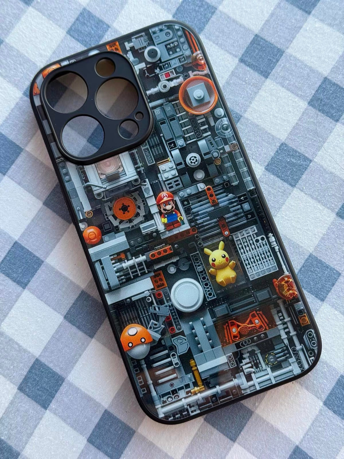 Phone case with mechanical design and characters on a checkered background