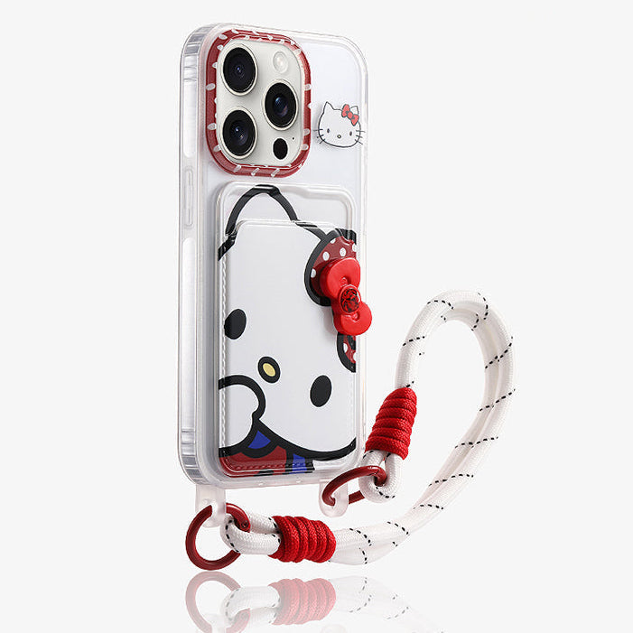 Phone case with cartoon character design and strap on a white background