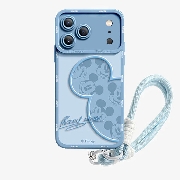 Blue phone case with Mickey Mouse design and lanyard on a white background