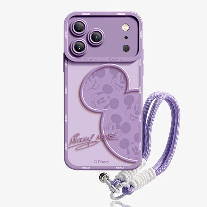 Purple phone case with Mickey Mouse design and lanyard on a white background