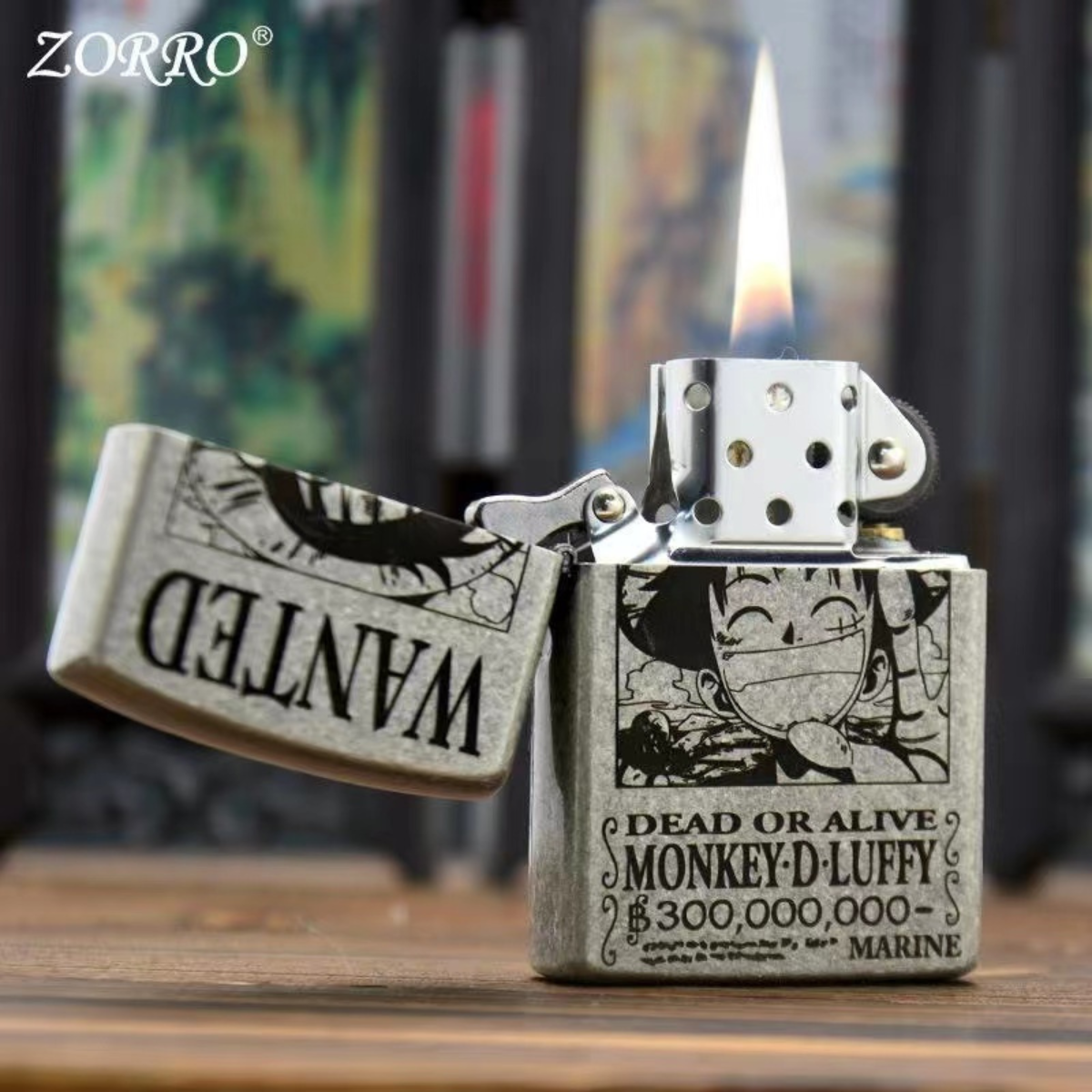 O.ne P.ie.ce Lu.ff.y Wanted Poster Lighter Antique Silver Zorro Lighter